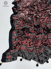 Load image into Gallery viewer, New Festive Wear Black n Red Pure Satin Silk Ajrak Printed Rich Pallu n Tussles Work Fancy Designer Saree
