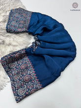 Load image into Gallery viewer, New Function Wear Blue Color Pure Satin Silk Ajrak Printed Rich Pallu n Tussles Work Fancy Designer Saree