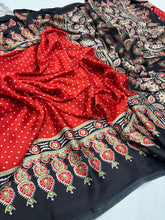 Load image into Gallery viewer, Gorgeous Party wear Pure Satin Silk Ajrak Printed Rich Pallu n Tussles Work Fancy Designer Saree