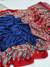 Load image into Gallery viewer, Gorgeous Party wear Pure Satin Silk Ajrak Printed Rich Pallu n Tussles Work Fancy Designer Saree