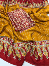 Load image into Gallery viewer, Gorgeous Party wear Pure Satin Silk Ajrak Printed Rich Pallu n Tussles Work Fancy Designer Saree