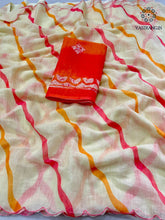 Load image into Gallery viewer, New Cotton Linen Leheriya Print With Arco Border n Cut Work Fancy Designer Wedding Wear Saree With Blouse