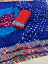 Load image into Gallery viewer, New Blue Color Georgette Print n Sequence Lace Border Work Fancy Designer Wedding Wear Saree