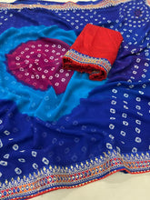 Load image into Gallery viewer, New Blue Color Georgette Print n Sequence Lace Border Work Fancy Designer Wedding Wear Saree