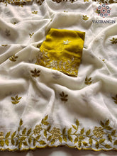 Load image into Gallery viewer, New Partywear Off White Color Crunchy Silk Embroidery Work Fancy Designer Saree With Blouse