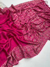 Load image into Gallery viewer, New Wedding Wear Rani Color Pure Satin Silk Ajrak Printed Rich Pallu n Tussles Work Fancy Designer Saree