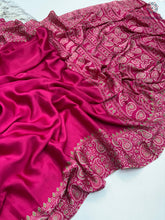 Load image into Gallery viewer, New Wedding Wear Rani Color Pure Satin Silk Ajrak Printed Rich Pallu n Tussles Work Fancy Designer Saree