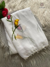 Load image into Gallery viewer, New Partywear White Color Chiffon Handbrush Print With Foil n Moti Lace Work Fancy Designer Saree