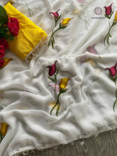 Load image into Gallery viewer, New Partywear White Color Chiffon Handbrush Print With Foil n Moti Lace Work Fancy Designer Saree