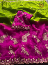 Load image into Gallery viewer, Prettiest Double Shaded Crunchy Chiffon Crush Silk Embroidery Work Partywear Fancy Designer Saree For Wedding