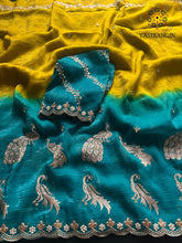 Load image into Gallery viewer, Prettiest Double Shaded Crunchy Chiffon Crush Silk Embroidery Work Partywear Fancy Designer Saree For Wedding