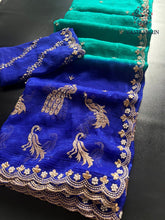 Load image into Gallery viewer, Prettiest Double Shaded Crunchy Chiffon Crush Silk Embroidery Work Partywear Fancy Designer Saree For Wedding