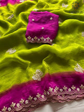 Load image into Gallery viewer, Attractive Double Shaded Crunchy Chiffon Crush Silk Embroidery Work Partywear Fancy Designer Saree With Contrast Blouse