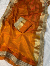 Load image into Gallery viewer, New Orange Color Banarasi Tissue Silk Jacquard n Lace Work Fancy Designer Wedding Wear Saree