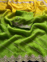 Load image into Gallery viewer, Charming Double Shaded Crunchy Chiffon Crush Silk Embroidery N Siroshki Work Partywear Fancy Designer Saree For Wedding