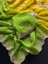 Load image into Gallery viewer, Charming Double Shaded Crunchy Chiffon Crush Silk Embroidery N Siroshki Work Partywear Fancy Designer Saree For Wedding