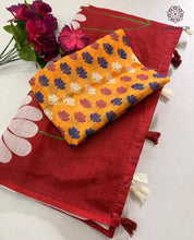 Load image into Gallery viewer, Latest Function Wear Soft Linen Cotton Print With Tassles Work Fancy Designer Saree With Blouse