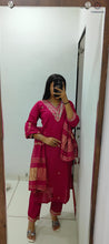 Load image into Gallery viewer, New Festive Wear Cherry Color Roman Silk Embroidery n Sequence Work Designer Straight Kurta With Trouser n Dupatta Set