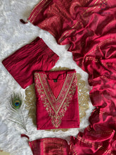Load image into Gallery viewer, New Festive Wear Cherry Color Roman Silk Embroidery n Sequence Work Designer Straight Kurta With Trouser n Dupatta Set