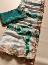 Load image into Gallery viewer, Marvellous Party Wear Double Shaded Dyeing Chinnon Silk Embroidery N Moti Cut Work Border Fancy Designer Saree For Ceremonial Occasion