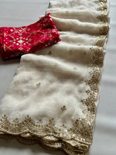 Load image into Gallery viewer, New Off White Color Partywear Crunchy Silk Embroidery n Cut Work Fancy Designer Saree