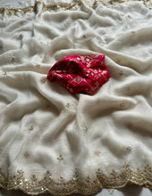 Load image into Gallery viewer, New Off White Color Partywear Crunchy Silk Embroidery n Cut Work Fancy Designer Saree