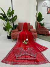 Load image into Gallery viewer, New Glorious Red Color Faux Georgette Sequence n Pearl Work Designer Saree Blouse With Stunner Dupatta