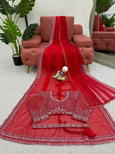 Load image into Gallery viewer, New Glorious Red Color Faux Georgette Sequence n Pearl Work Designer Saree Blouse With Stunner Dupatta