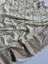 Load image into Gallery viewer, Blossom Party Wear White Colour Viscose Georgette Jacquard Zari Work Big Border Fancy Designer Saree With Contrast Blouse