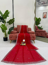 Load image into Gallery viewer, New Wedding Wear Glorious Red Color Faux Georgette Sequence n Pearl Work Fancy Designer Saree Blouse With Stunner Dupatta