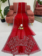 Load image into Gallery viewer, New Wedding Wear Glorious Red Color Faux Georgette Sequence n Pearl Work Fancy Designer Saree Blouse With Stunner Dupatta