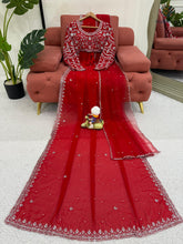 Load image into Gallery viewer, New Wedding Wear Glorious Red Color Faux Georgette Sequence n Pearl Work Fancy Designer Saree Blouse With Stunner Dupatta