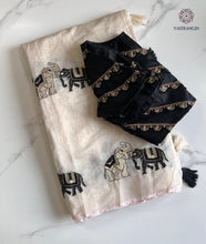 Load image into Gallery viewer, Gorgeous Party Wear Off White Colour Chanderi Cotton Embroidery n Tussels Work Fancy Designer Saree With Stitched Blouse