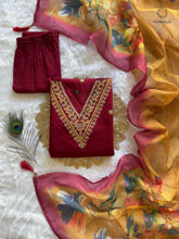 Load image into Gallery viewer, New Wedding Wear Maroon Color Roman Silk Embroidery n Sequence Work Designer Straight Kurta With Trouser n Dupatta Set