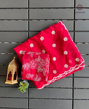 Load image into Gallery viewer, Charming Party Wear Tabi Silk Embroidery Work N Polka Butties Saree With Blouse For Wedding