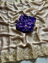 Load image into Gallery viewer, New Wedding Wear Golden Color Pure Satin Chiffon Heavy Embroidery Work Fancy Designer Saree With Blouse