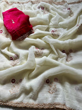 Load image into Gallery viewer, New Off White Color Partywear Crunchy Chiffon Silk Embroidery n Cut Work Fancy Designer Saree With Blouse Piece