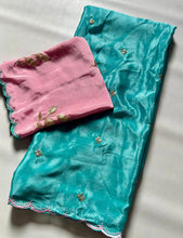 Load image into Gallery viewer, Fantabulous Party Wear Soft Chinnon Silk Heavy Sequence Buta Jari Work N Border Fancy Designer Saree Contrast Blouse For Wedding