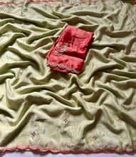 Load image into Gallery viewer, Fantabulous Party Wear Soft Chinnon Silk Heavy Sequence Buta Jari Work N Border Fancy Designer Saree Contrast Blouse For Wedding