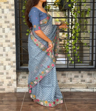 Load image into Gallery viewer, Angelic Festive Wear Embroidery n Zari Border Work Cotton Satin Fancy Designer Saree With Blouse Piece