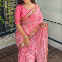 Load image into Gallery viewer, Angelic Festive Wear Embroidery n Zari Border Work Cotton Satin Fancy Designer Saree With Blouse Piece