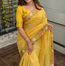 Load image into Gallery viewer, Angelic Festive Wear Embroidery n Zari Border Work Cotton Satin Fancy Designer Saree With Blouse Piece