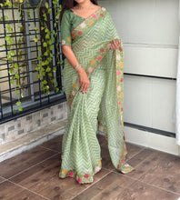 Load image into Gallery viewer, Angelic Festive Wear Embroidery n Zari Border Work Cotton Satin Fancy Designer Saree With Blouse Piece