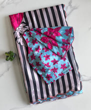 Load image into Gallery viewer, Evocative Blue Color Chinnon Silk Print n Handwork Fancy Designer Saree With Luxuriant Unstitched Blouse