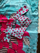 Load image into Gallery viewer, Evocative Blue Color Chinnon Silk Print n Handwork Fancy Designer Saree With Luxuriant Unstitched Blouse