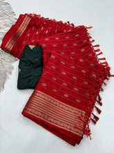 Load image into Gallery viewer, Splendorous Party Wear Red Colour Pure Dola Silk Zari Jacquard Weaving Butti Work Designer Border Saree With Contrast Blouse Piece