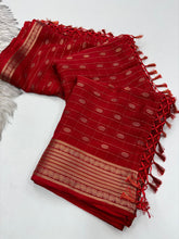 Load image into Gallery viewer, Splendorous Party Wear Red Colour Pure Dola Silk Zari Jacquard Weaving Butti Work Designer Border Saree With Contrast Blouse Piece