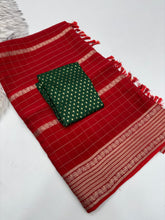 Load image into Gallery viewer, Evocative Function Wear Red Colour Pure Chinon Zari Silk With Chex Weaving Butti Work Designer Jacquard Border Saree For Women