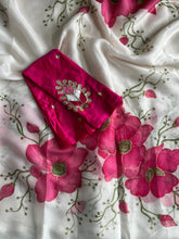 Load image into Gallery viewer, New Partywear White Color Tissue Silk Foil Print Work Fancy Designer Saree With Maggam Work Blouse Piece