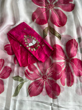 Load image into Gallery viewer, New Partywear White Color Tissue Silk Foil Print Work Fancy Designer Saree With Maggam Work Blouse Piece